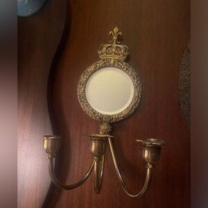 Vintage French Brass Triple-Arm Wall Sconce beveled Mirror